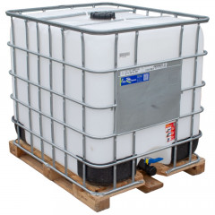 a reconditioned IBC with a translucent plastic bottle, galvanised steel cage, wooden pallet and a black 255mm lid and 2" valve