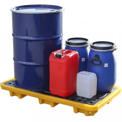 Yellow and black spill pallet with drainage hole and plug with a steel drum, two 30 litre barrels, a 25 litre jerry can and a 5 litre jerry can