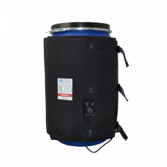 Blue plastic barrel covered by a black insulating heating jacket with three adjustable straps and a built-in thermometer