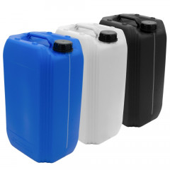 Three 25 litre jerry cans with anti-tamper lids, each can is a different colour - blue, translucent (natural) and black.