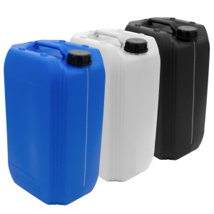 25 Litre Plastic Jerry Can in a row of three, each a different colour blue, translucent (natural) and black