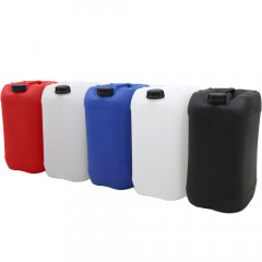 Range of 25 litre jerry cans in black, white, blue, translucent and red each with lids