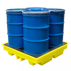 low profile yellow spill pallet, with four blue steel drums on top
