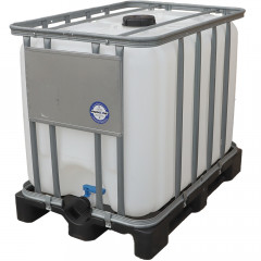 600 litre rebottled IBC on a plastic pallet with a 2" valve, threaded lid and valve cap