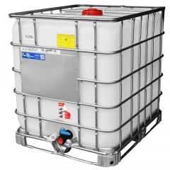 1000 litre IBC with a steel pallet, red lid and valve cap