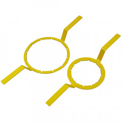Two yellow steel IBC cap spanners, one larger, one smaller