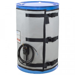 Grey drum heater jacket with thermostat, specifications label and three adjustable straps covering a metal barrel