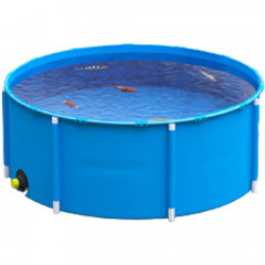 Blue 1000 litre koi carp holding tank with outlet, filled with water and koi