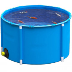 Blue 450 litre koi carp holding tank with outlet, filled with water and koi