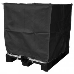 Black waterproof IBC cover housed on an IBC with only its pallet exposed