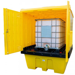Enclosed yellow IBC spill pallet with open double doors containing an IBC