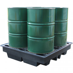 Low Profile Recycled 4 Drum Spill Pallet with four green steel drums placed on top