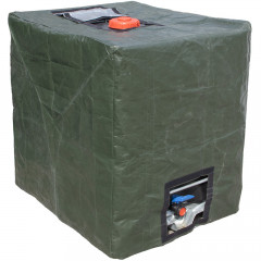 Outdoor Weatherproof Green IBC Cover with velcro flaps over lid and valve