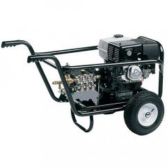 Engine driven pressure washer with black frame, off-road tyres, rubberised handles and stand