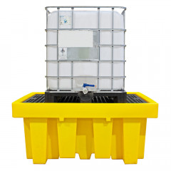 A large yellow spill bund, with a water tank sitting on top