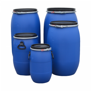 Five blue plastic barrels in assorted sizes, all with black lids