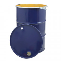 Blue 205 litre drum with lid leaning against it