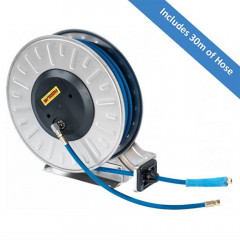 Stainless steel hose reel with retractable hose, blue banner reads "includes 30m of hose"